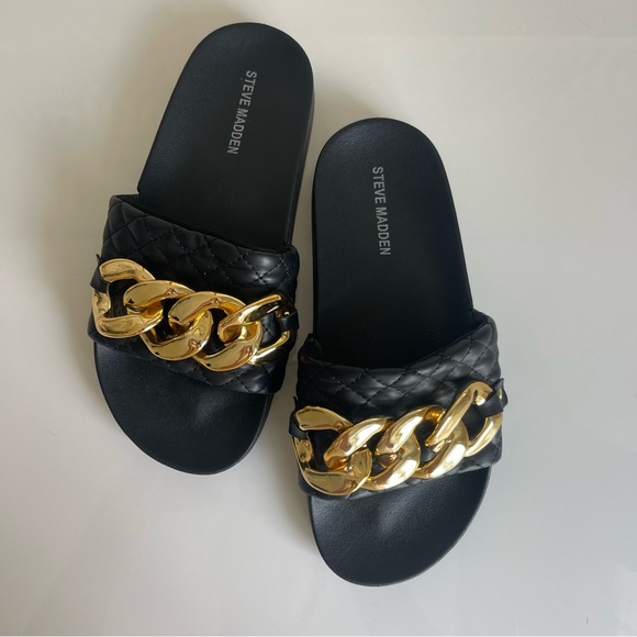 Steve Madden Black & Gold Chain Sandals - Picture 2 of 9